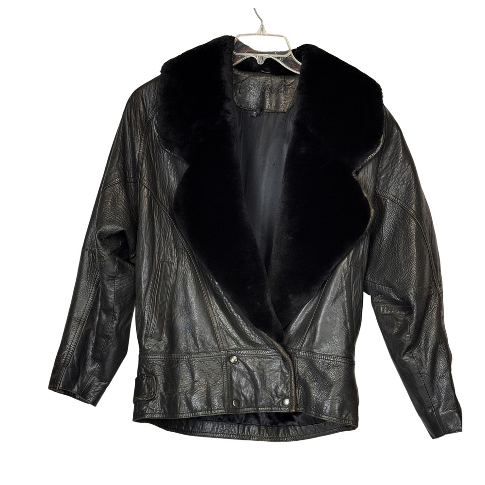 VTG Leather Bomber Jacket Faux Fur Collar Black Size‎ Small Made in Korea